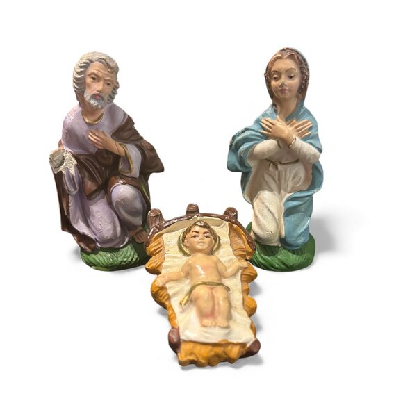 Vtg Italian Plaster Nativity Set Mary Joseph Baby Jesus 1950s Italy Stamp Creche - Picture 1 of 10